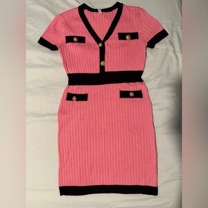 Pink and Black Ribbed Dress with Gold Buttons